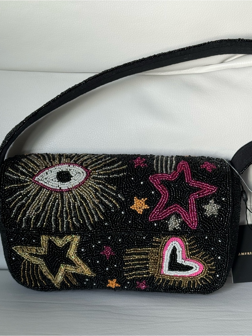 RARE Beaded Evil Eye & Heart Crossbody Bag - Black with Pink & Gold Accents